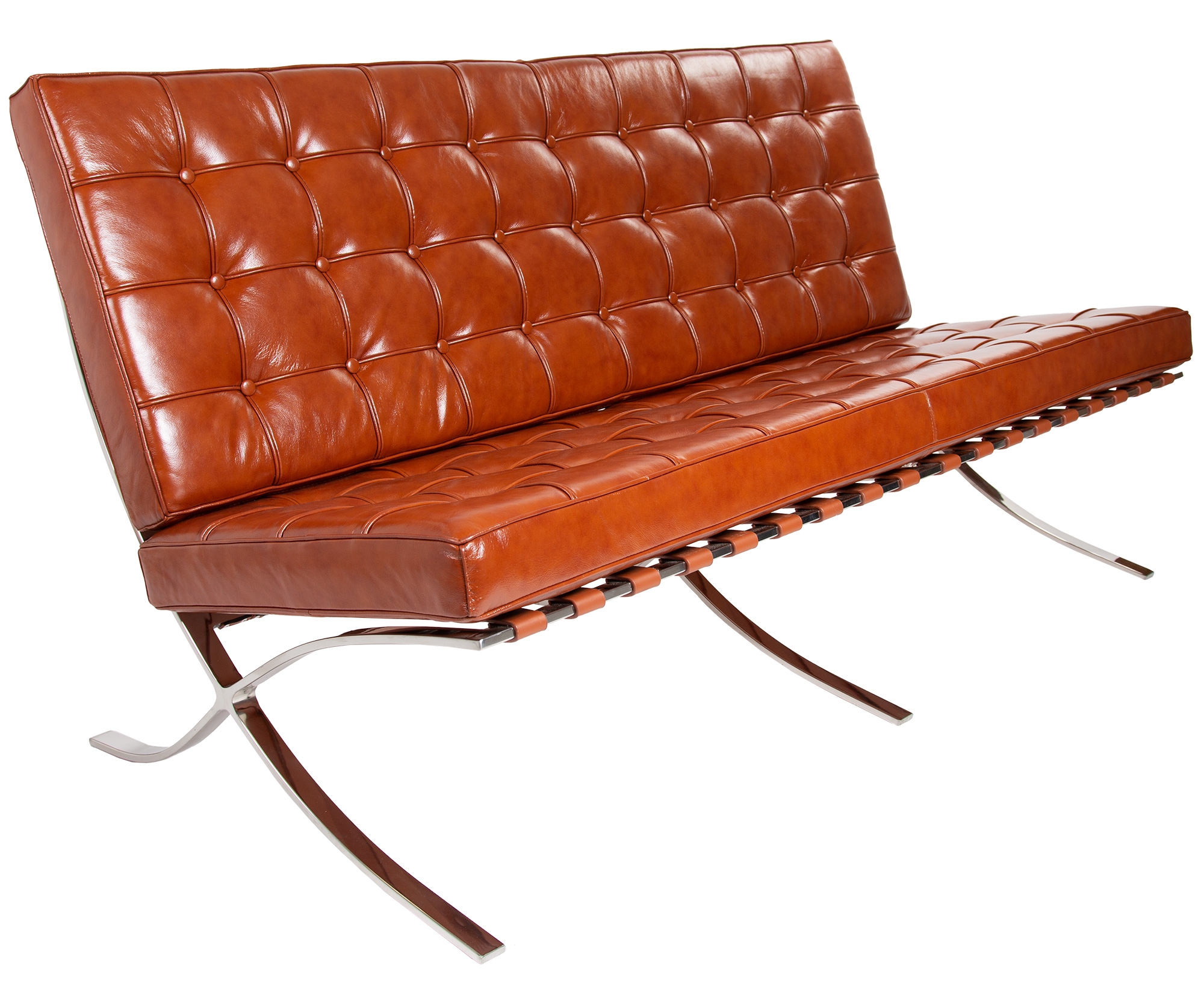 Ludwig Mies vd Rohe style, 2 zits bank Barcelona Pavillion 2 seat sofa cognac