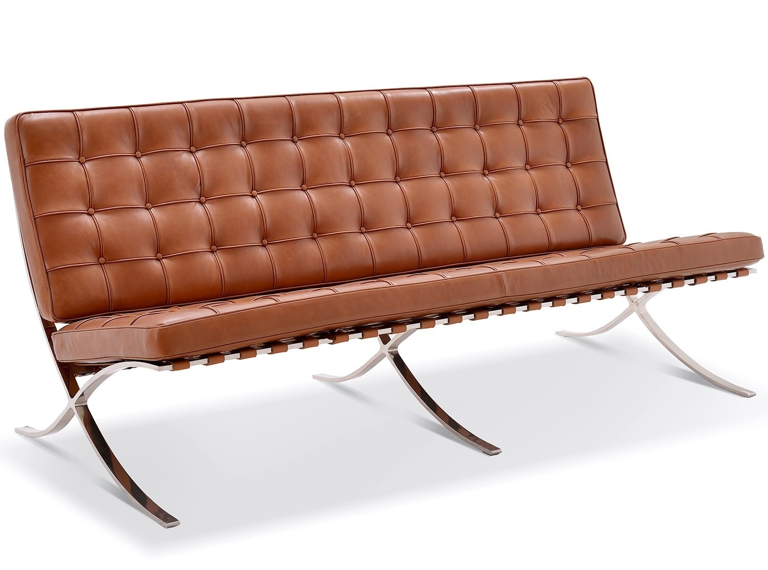 Ludwig Mies vd Rohe style, 3 zits bank Barcelona Pavillion 3 seat sofa cognac