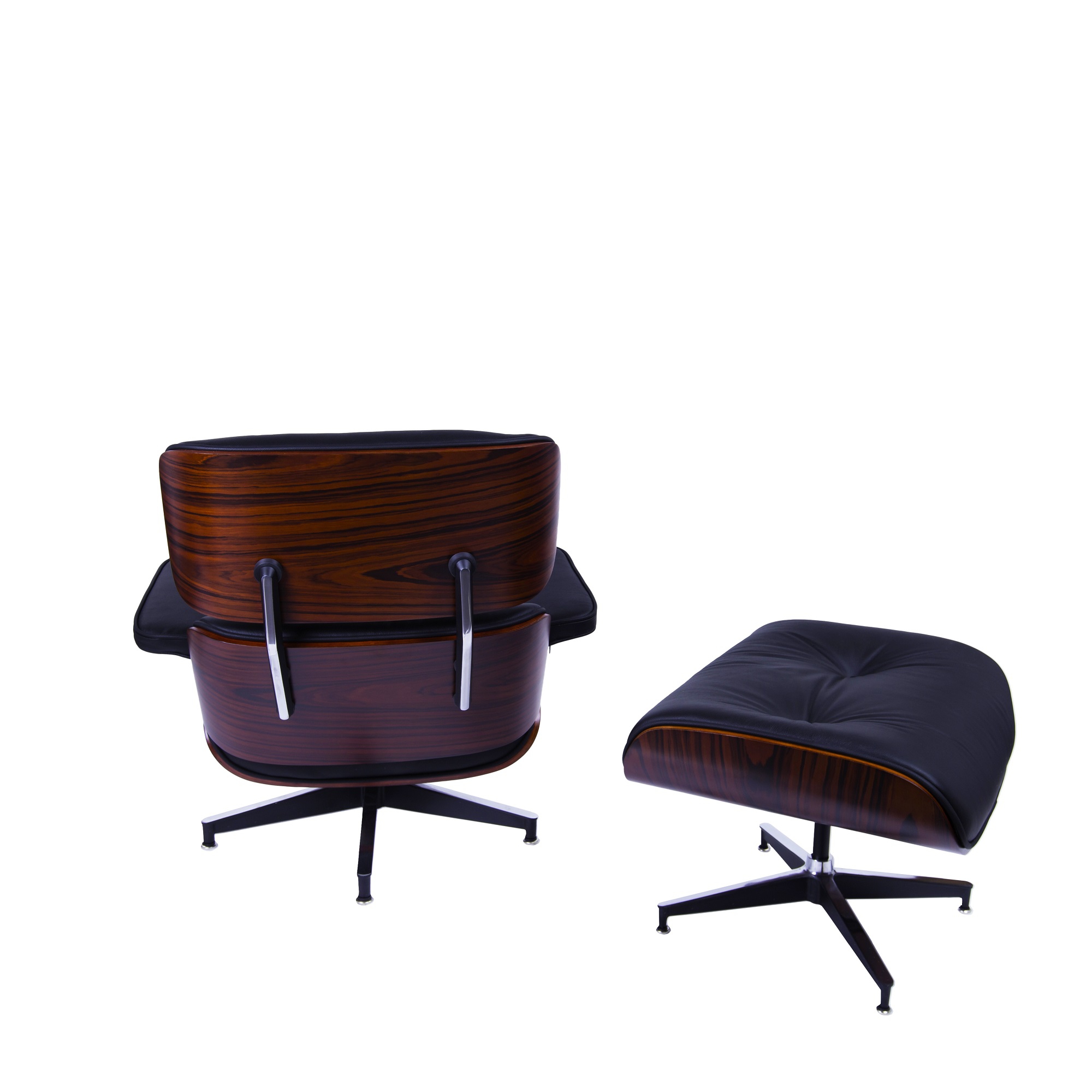 Charles Eames style, Lounge stoel met Hocker EA670 zwart Rosewood Zwarte base