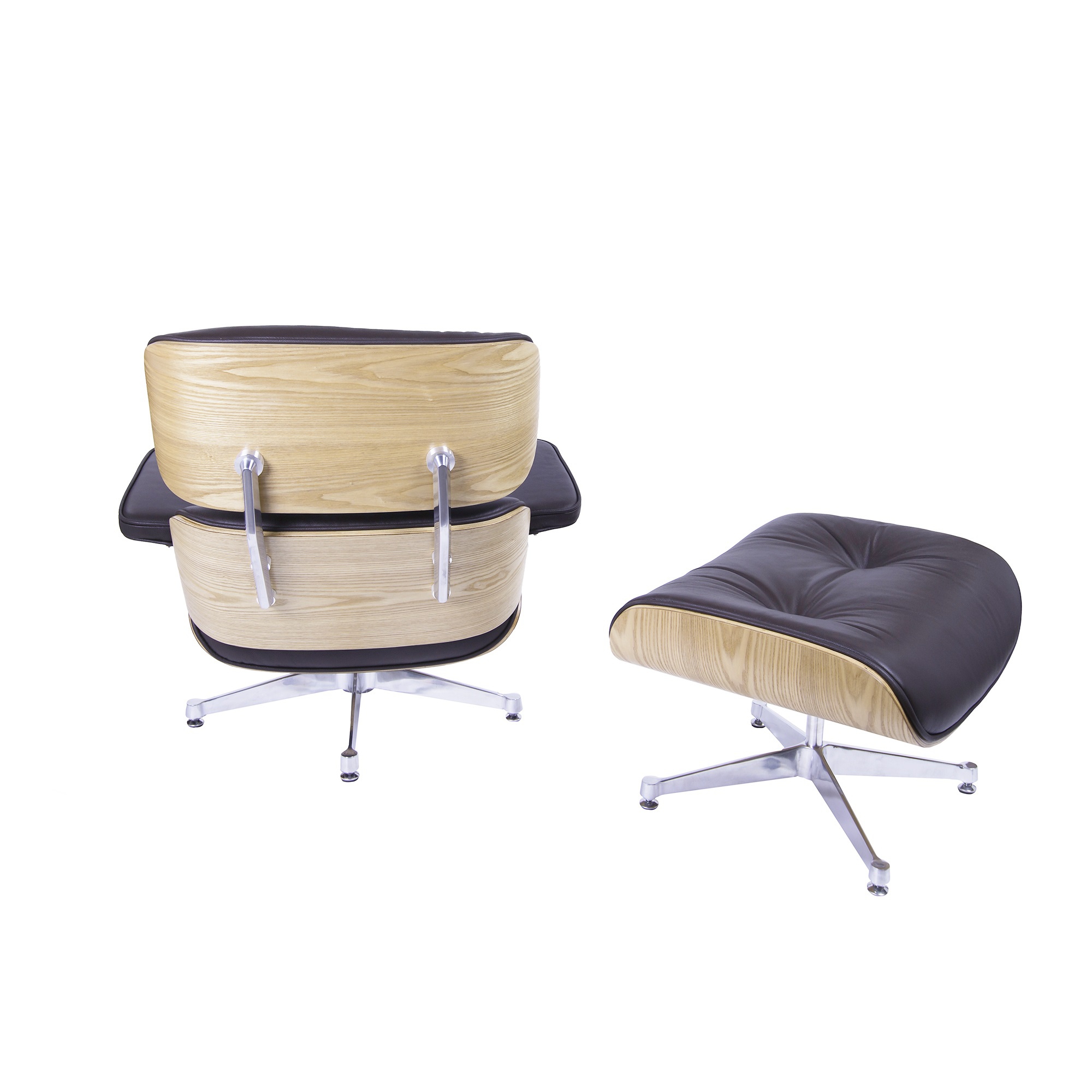 Charles Eames style, Lounge stoel met Hocker EA670 XL bruin essenhout Gepolijste voet