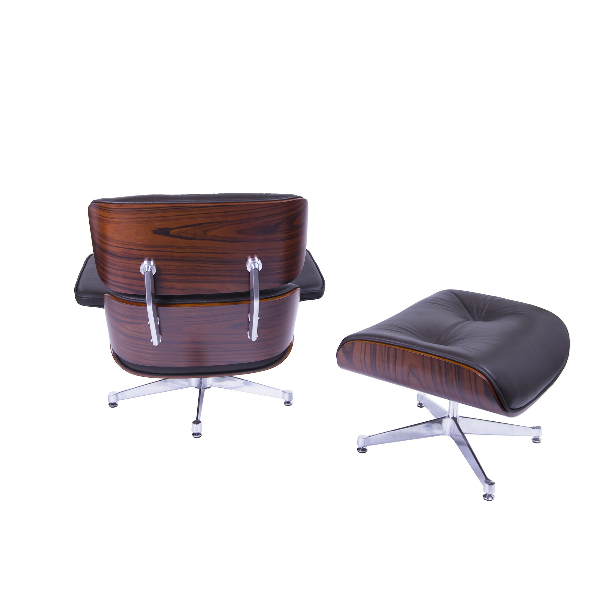 Charles Eames style, Lounge stoel met Hocker EA670 bruin Rosewood Gepolijste voet