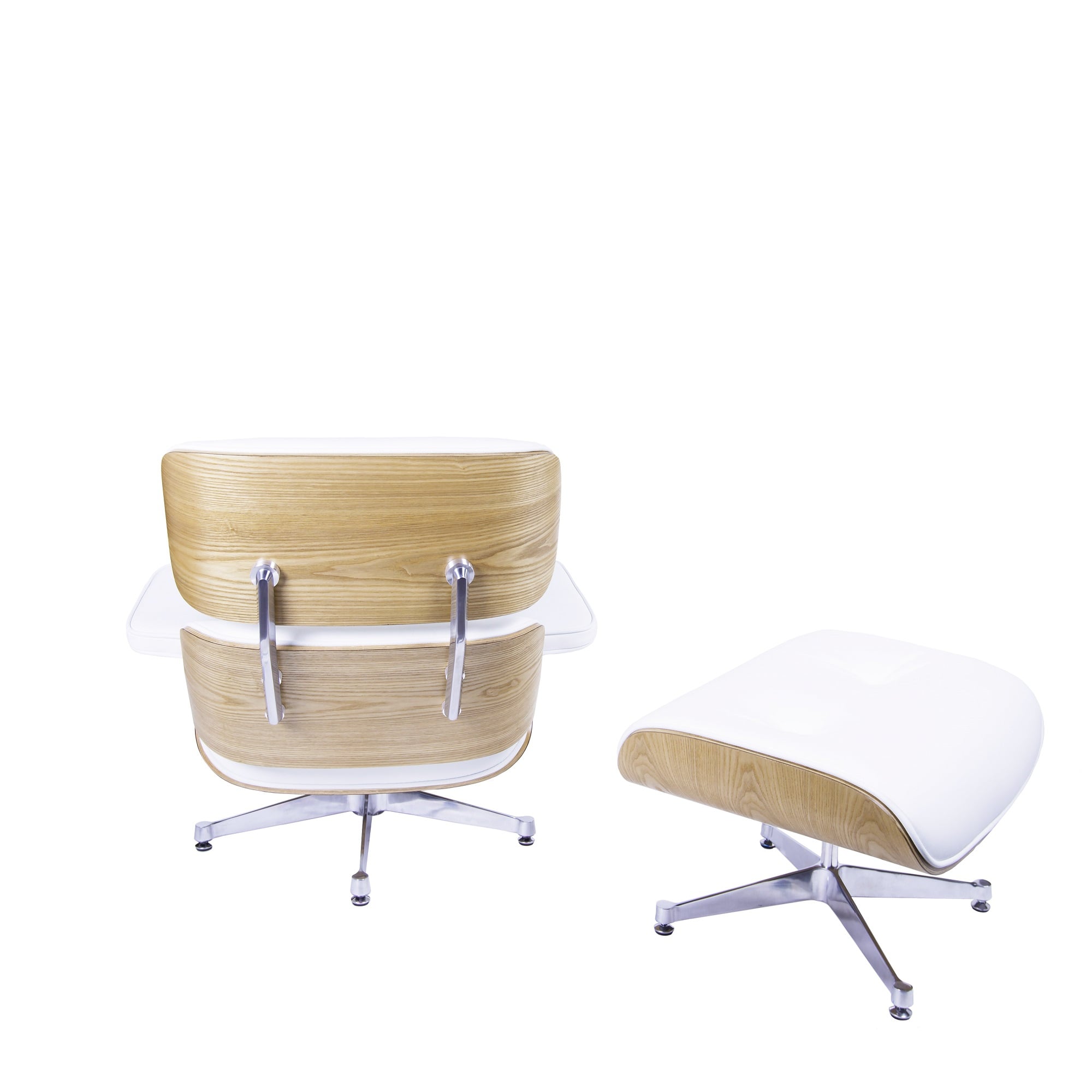Charles Eames style, Lounge stoel met Hocker EA670 wit essenhout Gepolijste voet