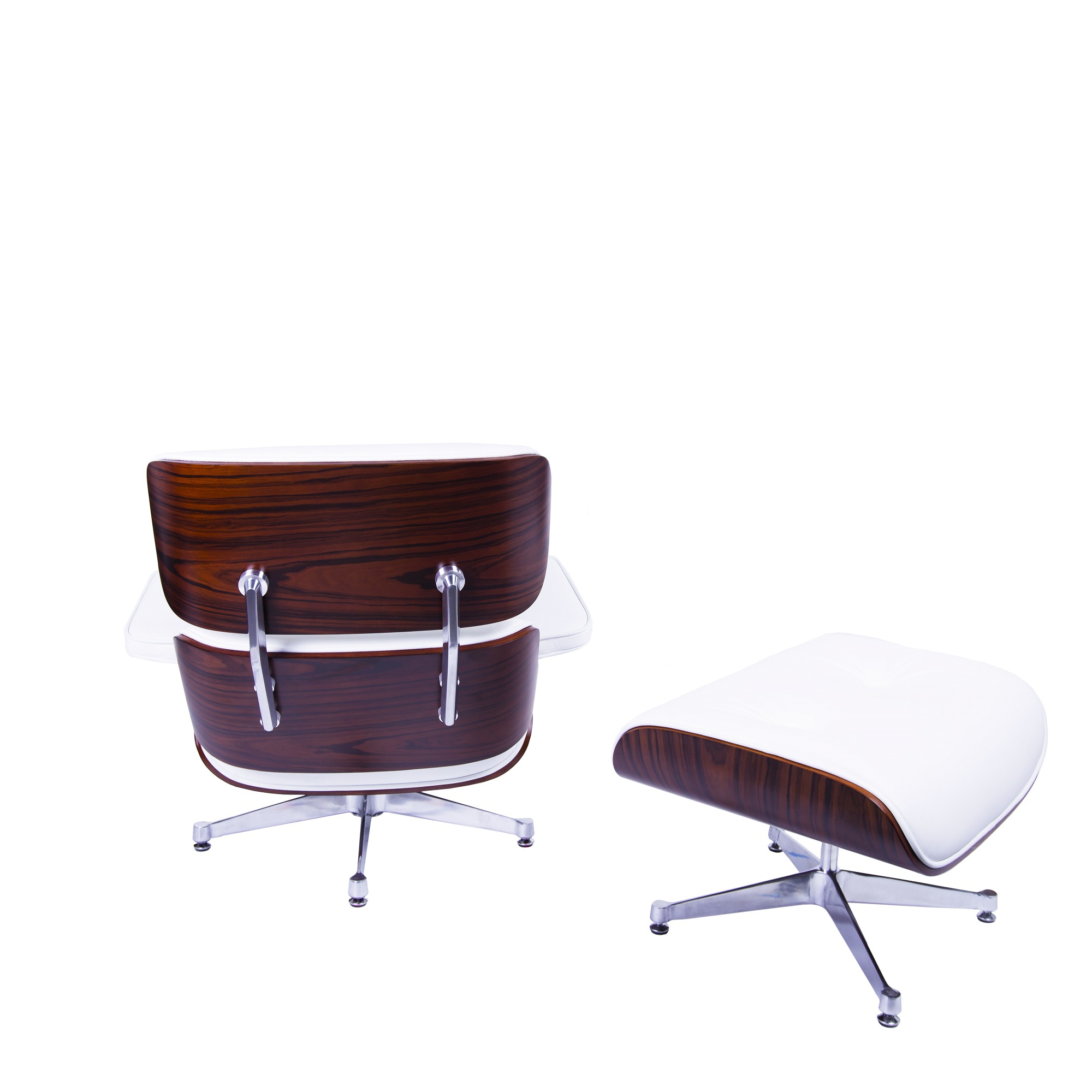 Charles Eames style, Lounge stoel met Hocker EA670 wit Rosewood Gepolijste voet