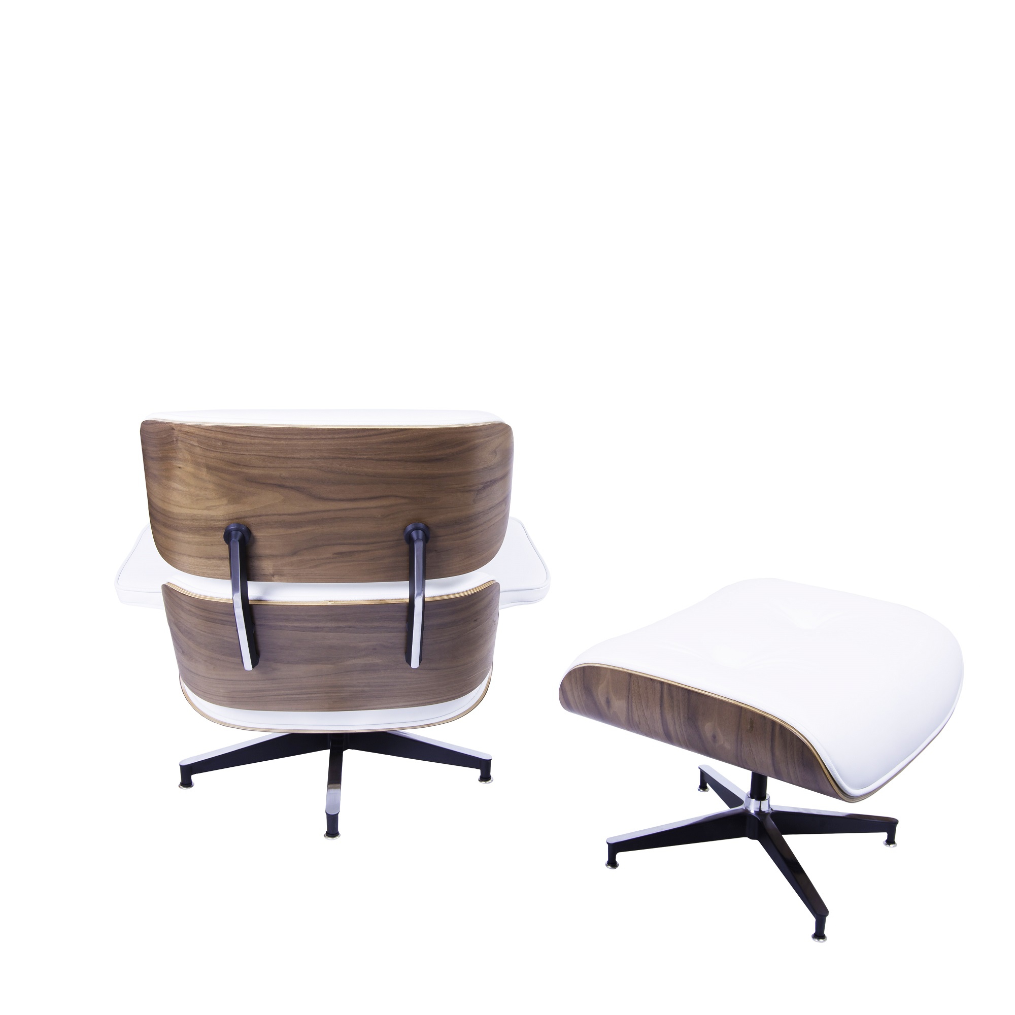 Charles Eames style, Lounge stoel met Hocker EA670 wit Walnoot Zwarte base